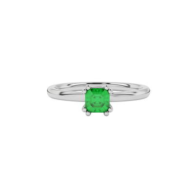 Green Asscher cut gemstone solitaire ring in gold featuring a refined six-prong basket setting
