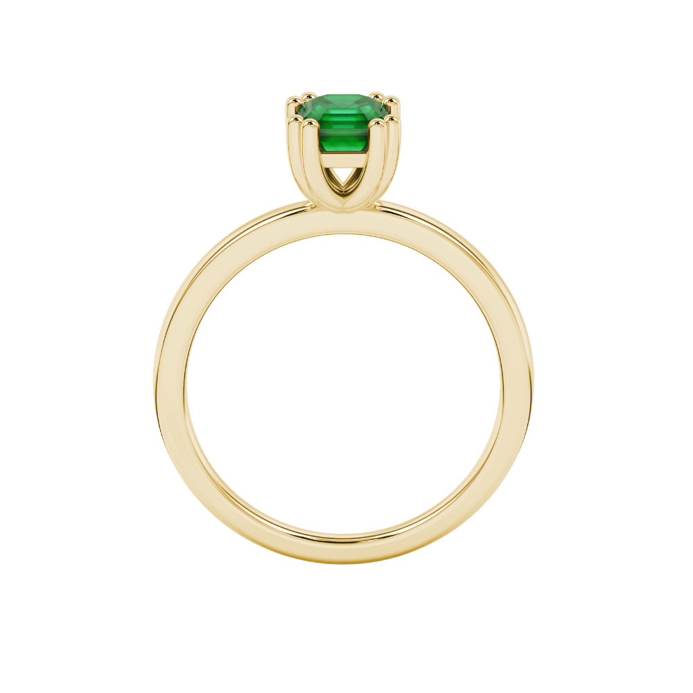 Green Asscher cut gemstone solitaire ring in gold featuring a refined six-prong basket setting