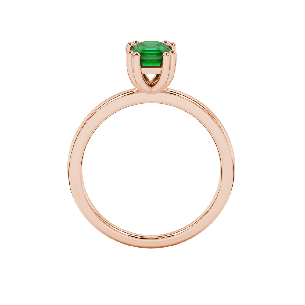 Green Asscher cut gemstone solitaire ring in gold featuring a refined six-prong basket setting