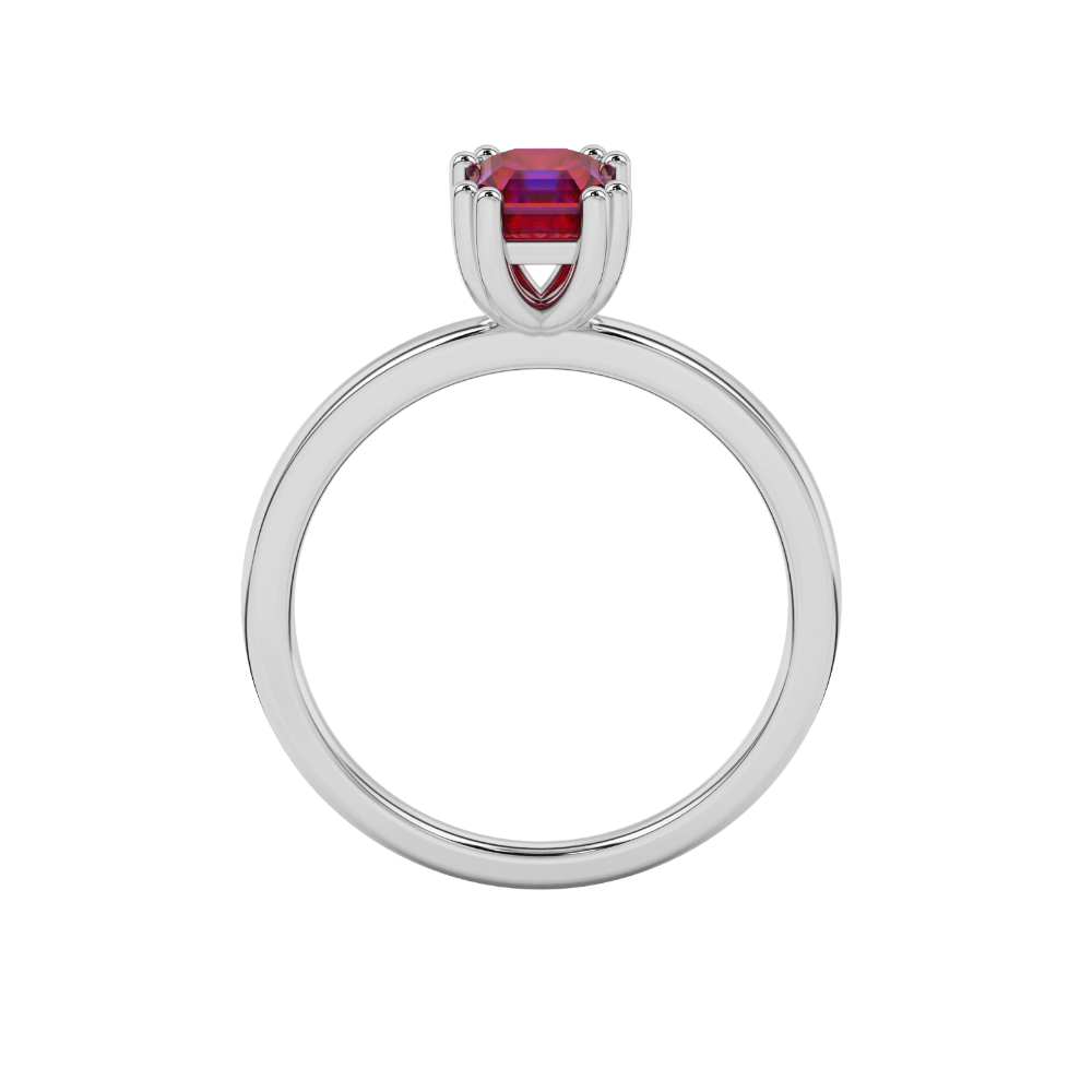 Red Asscher cut gemstone solitaire ring in gold featuring a refined six-prong basket setting