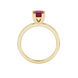 Red Asscher cut gemstone solitaire ring in gold featuring a refined six-prong basket setting