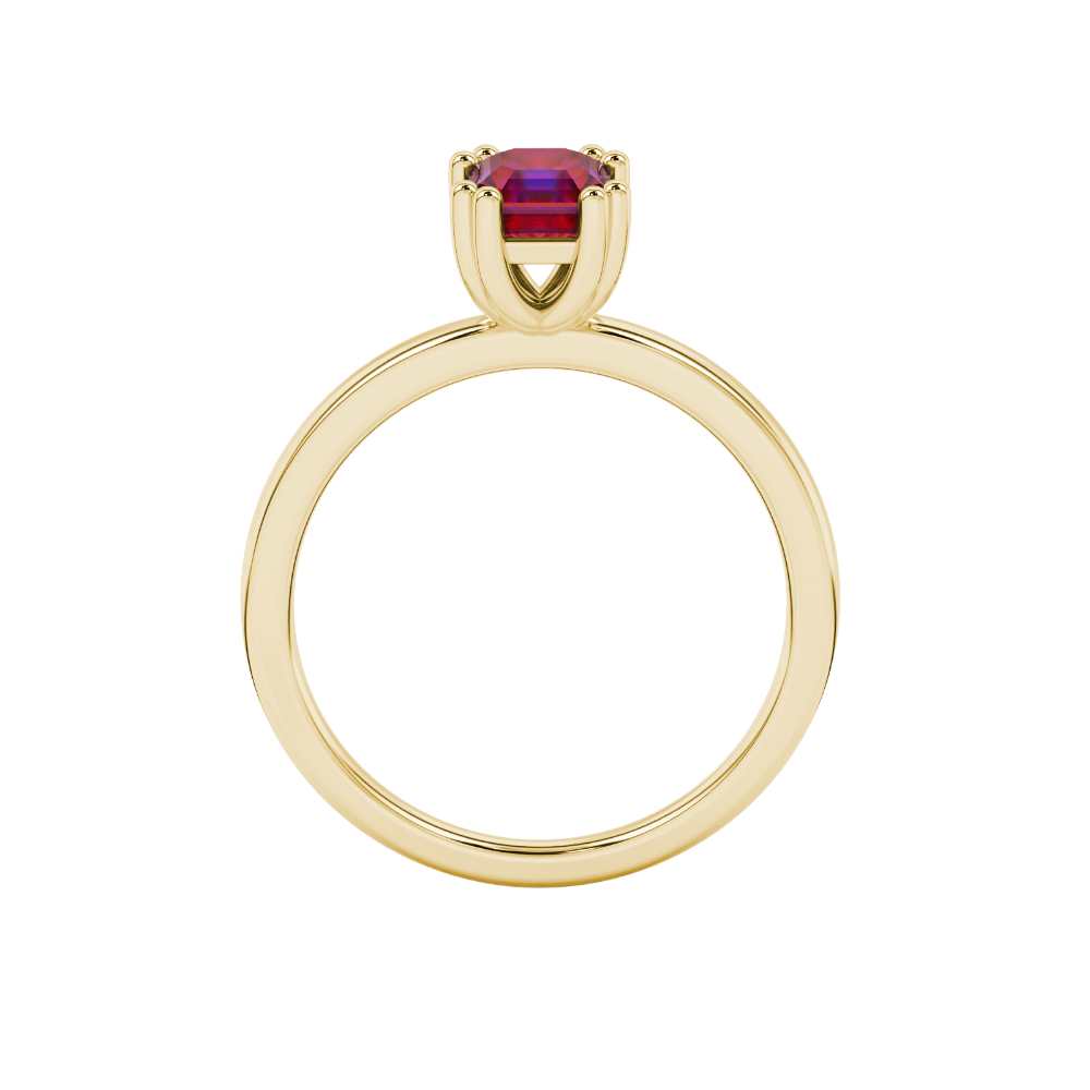 Red Asscher cut gemstone solitaire ring in gold featuring a refined six-prong basket setting