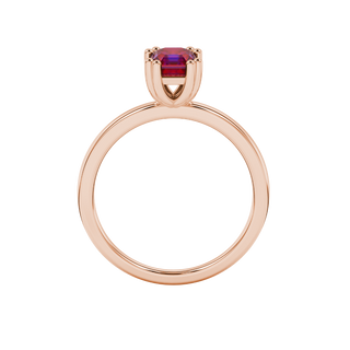 raspberry red asscher gemstone eight-prong solitaire ring in rose gold