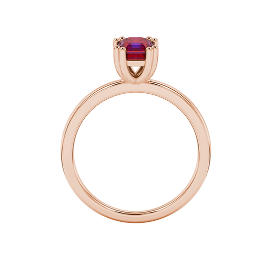 raspberry red asscher gemstone eight-prong solitaire ring in rose gold
