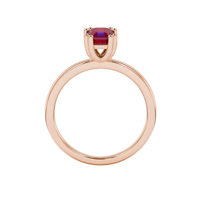 Red Asscher cut gemstone solitaire ring in gold featuring a refined six-prong basket setting