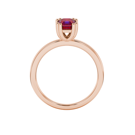 Red Asscher cut gemstone solitaire ring in gold featuring a refined six-prong basket setting