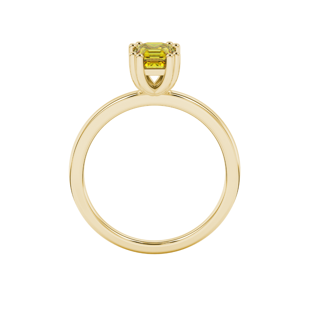 Yellow Asscher cut gemstone solitaire ring in gold featuring a refined six-prong basket setting