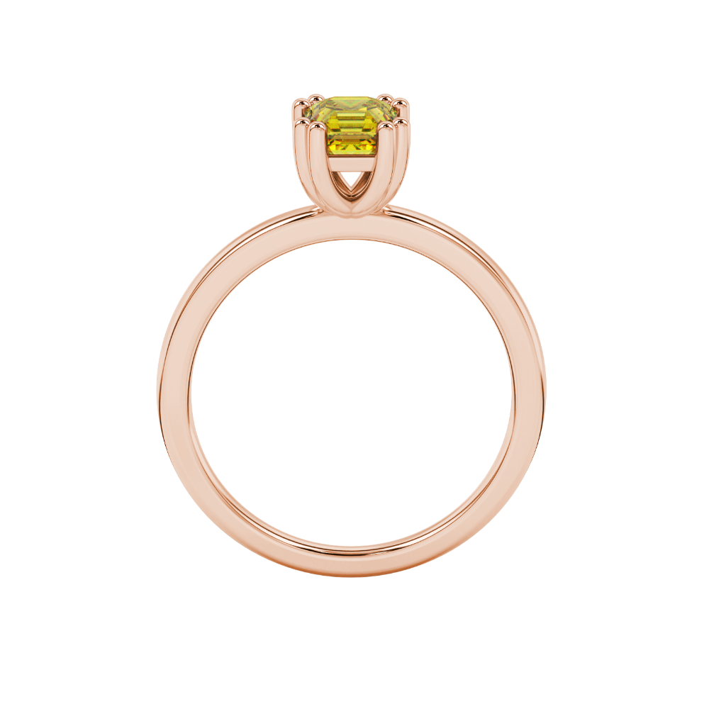 Yellow Asscher cut gemstone solitaire ring in gold featuring a refined six-prong basket setting