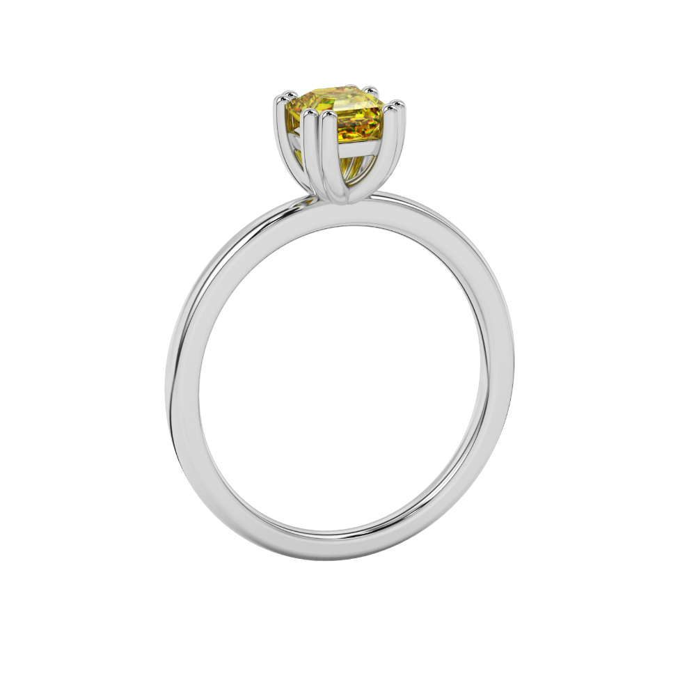 Yellow Asscher cut gemstone solitaire ring in gold featuring a refined six-prong basket setting