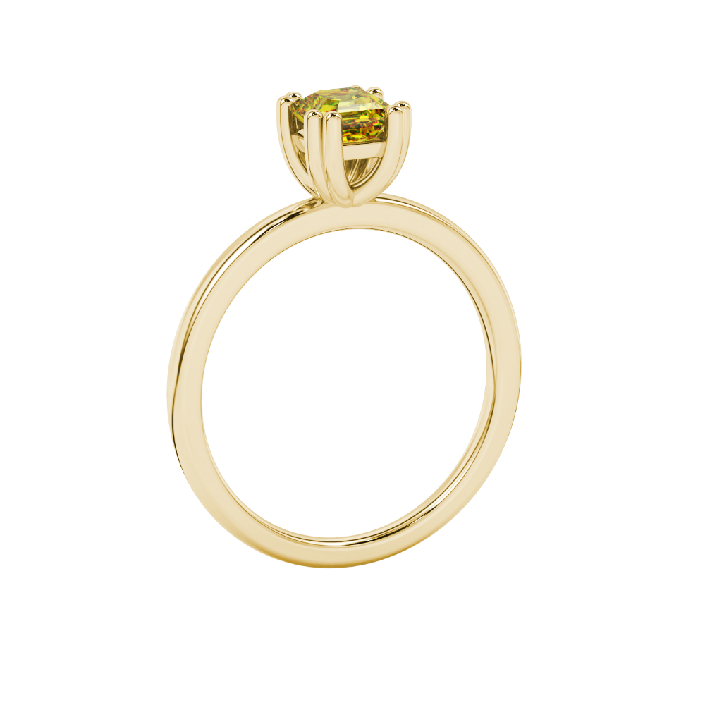 Yellow Asscher cut gemstone solitaire ring in gold featuring a refined six-prong basket setting