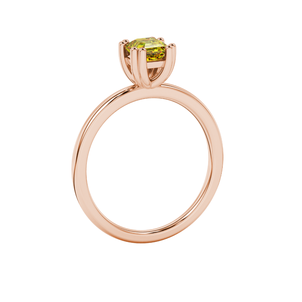 Yellow Asscher cut gemstone solitaire ring in gold featuring a refined six-prong basket setting