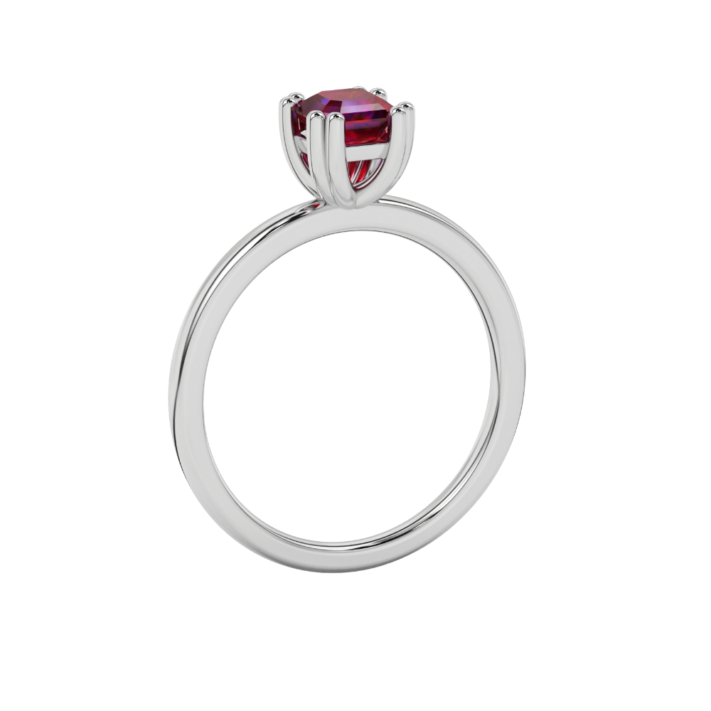 Red Asscher cut gemstone solitaire ring in gold featuring a refined six-prong basket setting