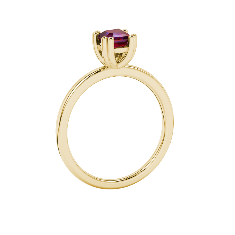 Red Asscher cut gemstone solitaire ring in gold featuring a refined six-prong basket setting