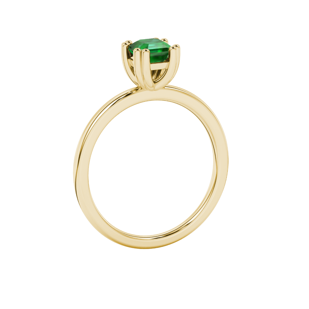 Green Asscher cut gemstone solitaire ring in gold featuring a refined six-prong basket setting
