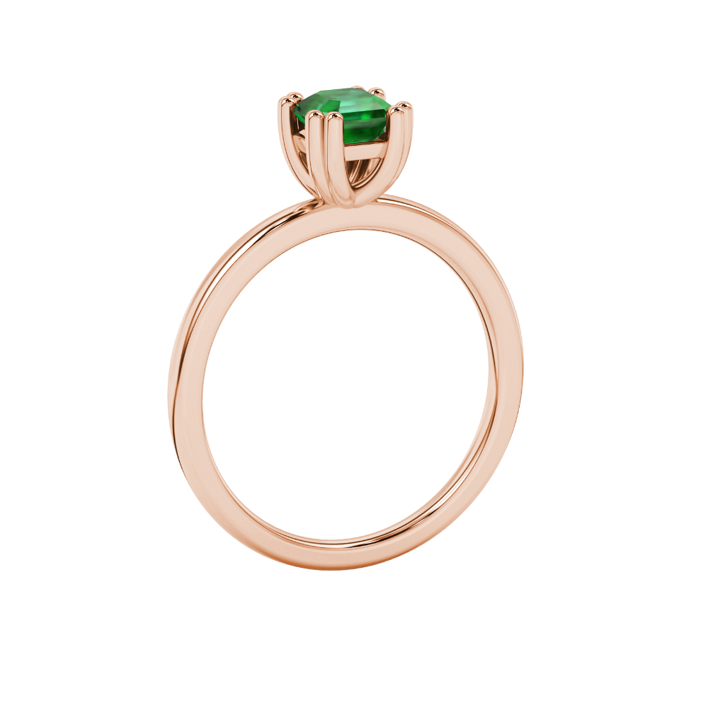 Green Asscher cut gemstone solitaire ring in gold featuring a refined six-prong basket setting