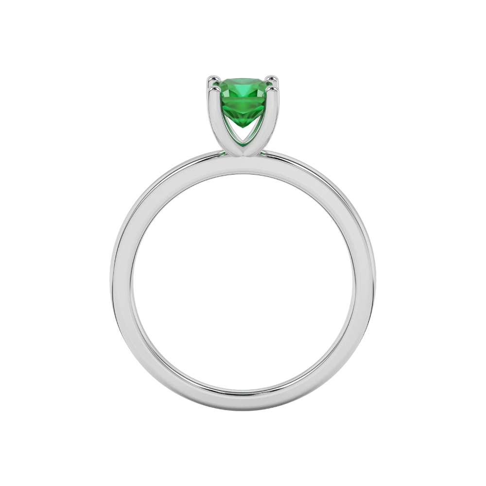 Green cushion cut gemstone solitaire ring in gold featuring a refined four-prong cathedral basket setting