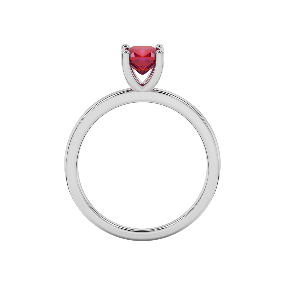 Red cushion cut gemstone solitaire ring in gold featuring a refined four-prong cathedral basket setting