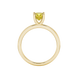 Yellow cushion cut gemstone solitaire ring in gold featuring a refined four-prong cathedral basket setting
