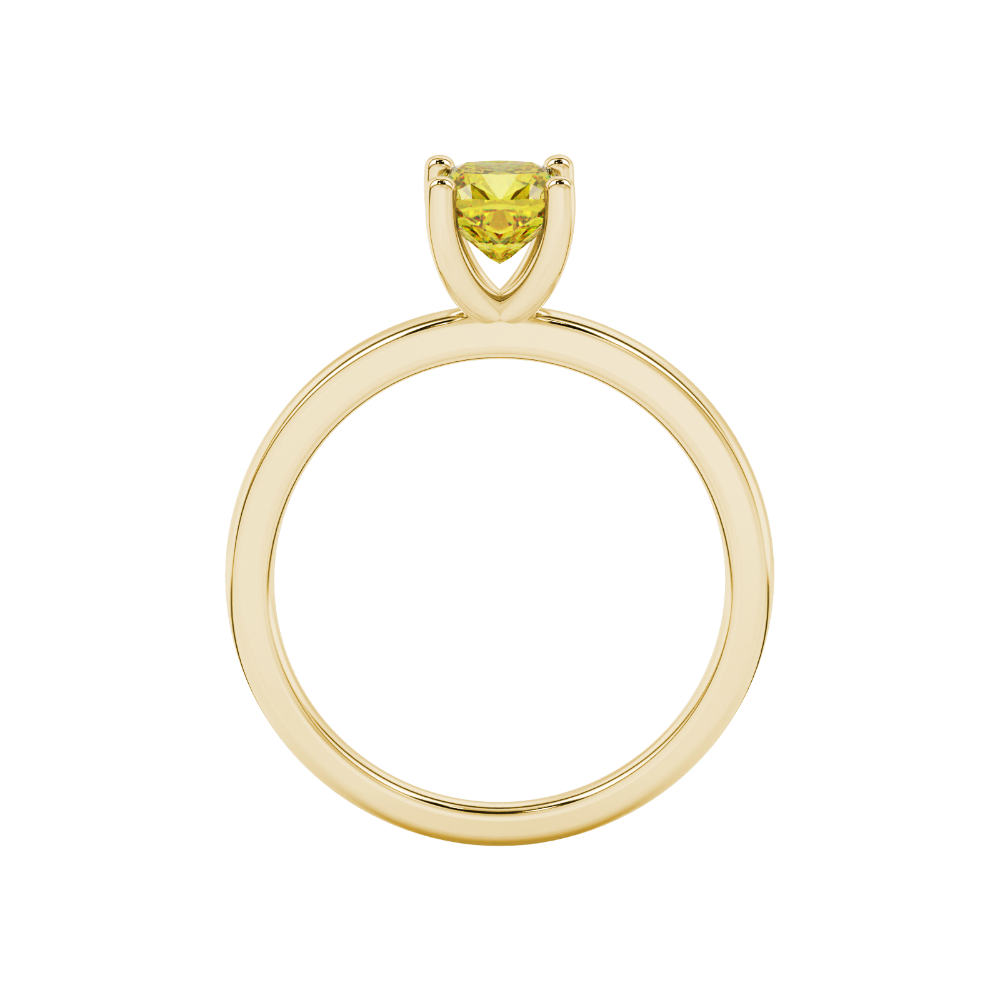 Yellow cushion cut gemstone solitaire ring in gold featuring a refined four-prong cathedral basket setting
