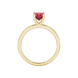 Red cushion cut gemstone solitaire ring in gold featuring a refined four-prong cathedral basket setting