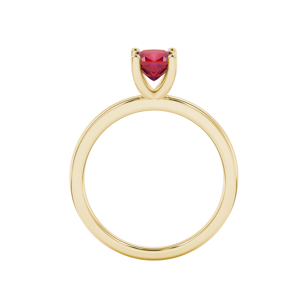 Red cushion cut gemstone solitaire ring in gold featuring a refined four-prong cathedral basket setting