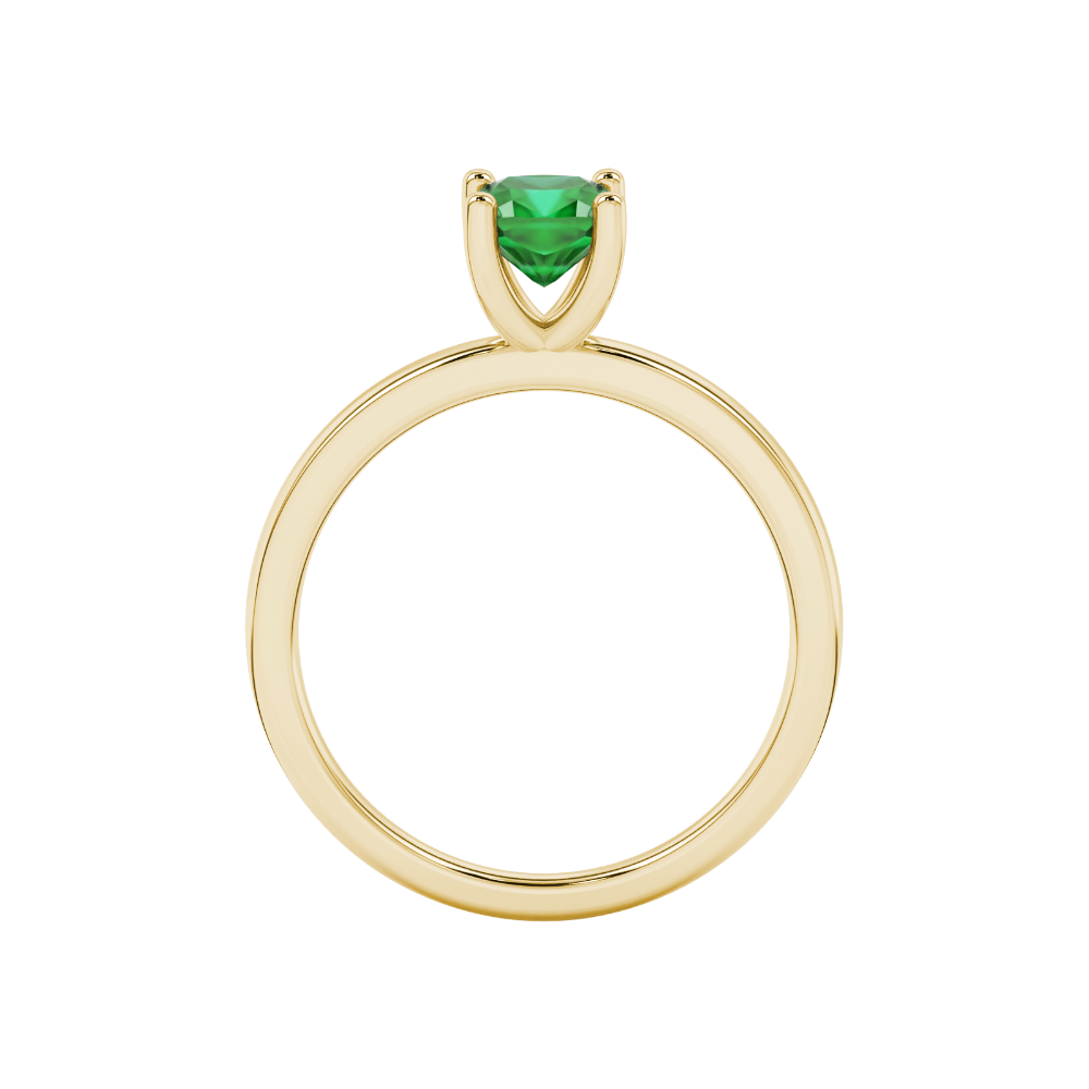 Green cushion cut gemstone solitaire ring in gold featuring a refined four-prong cathedral basket setting
