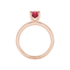 Red cushion cut gemstone solitaire ring in gold featuring a refined four-prong cathedral basket setting