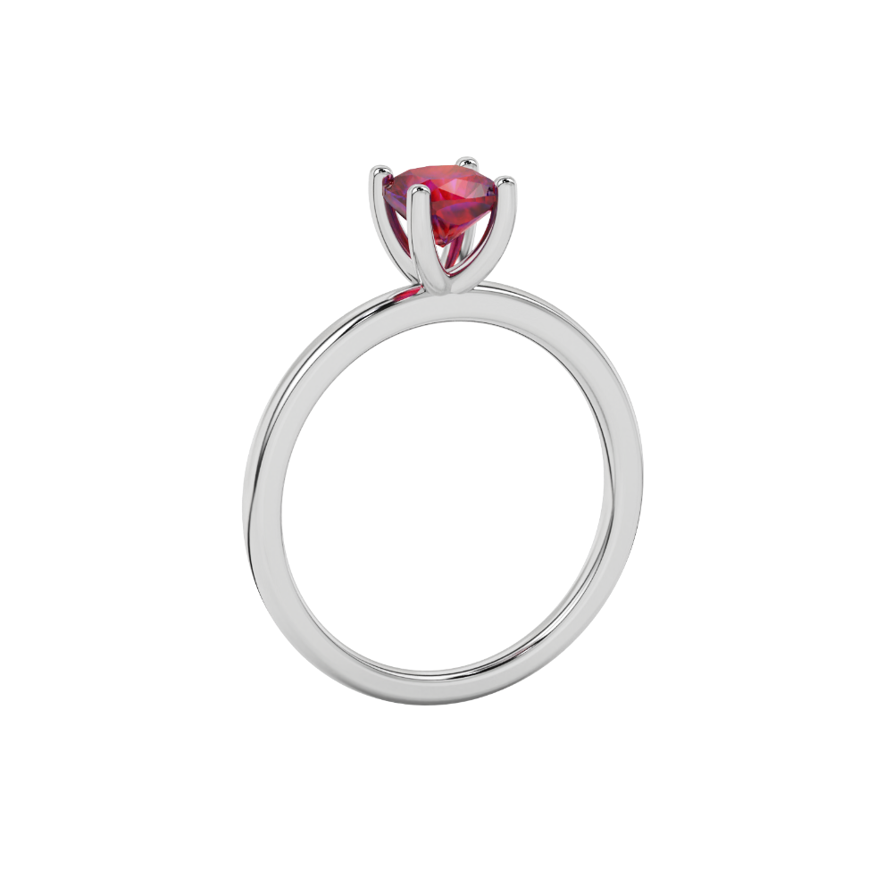Red cushion cut gemstone solitaire ring in gold featuring a refined four-prong cathedral basket setting