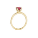 Red cushion cut gemstone solitaire ring in gold featuring a refined four-prong cathedral basket setting