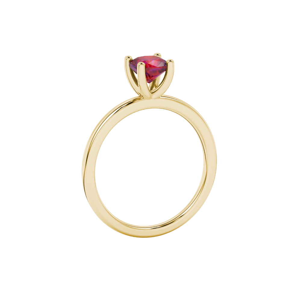 Red cushion cut gemstone solitaire ring in gold featuring a refined four-prong cathedral basket setting
