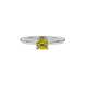 Yellow cushion cut gemstone solitaire ring in gold featuring a refined four-prong cathedral basket setting