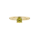Yellow cushion cut gemstone solitaire ring in gold featuring a refined four-prong cathedral basket setting
