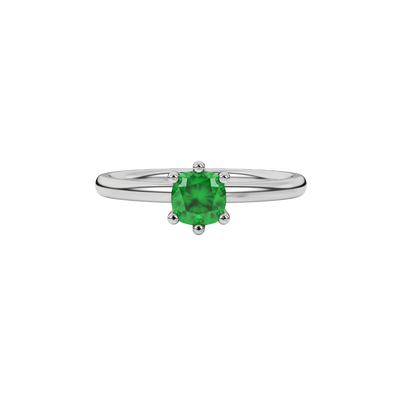 Green cushion cut gemstone solitaire ring in gold featuring a six-prong crown basket setting