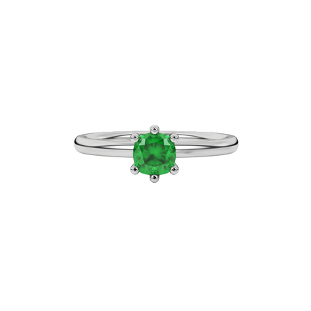Green cushion cut gemstone solitaire ring in gold featuring a six-prong crown basket setting