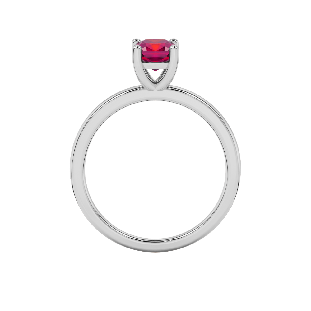 Red cushion cut solitaire gemstone ring in white gold four-prong setting