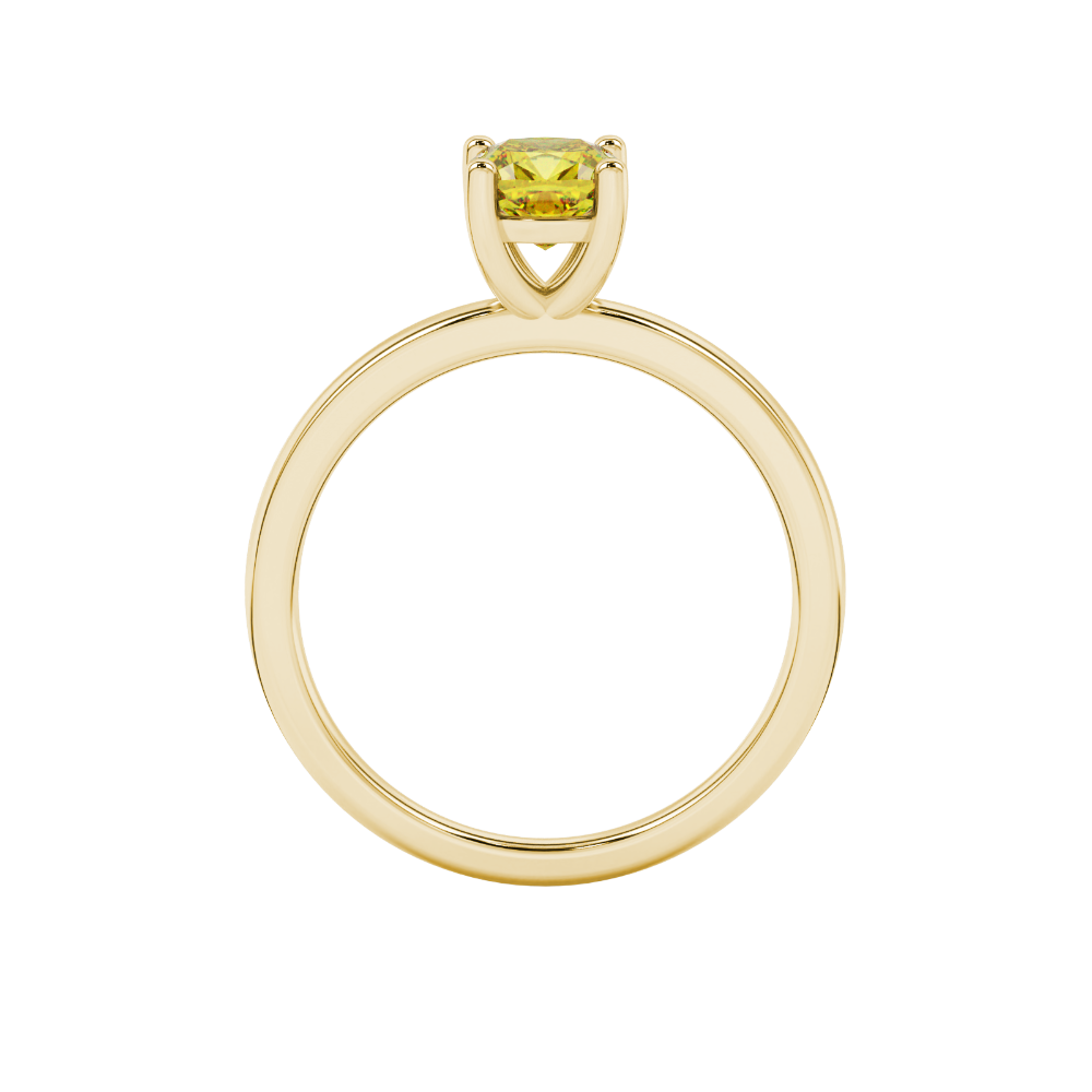 Yellow cushion cut solitaire gemstone ring in yellow gold four-prong setting