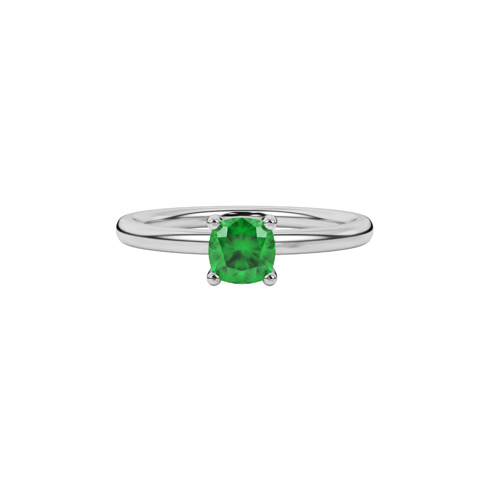 Green cushion cut solitaire gemstone ring in white gold four-prong setting