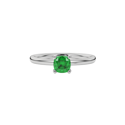 Green cushion cut solitaire gemstone ring in white gold four-prong setting