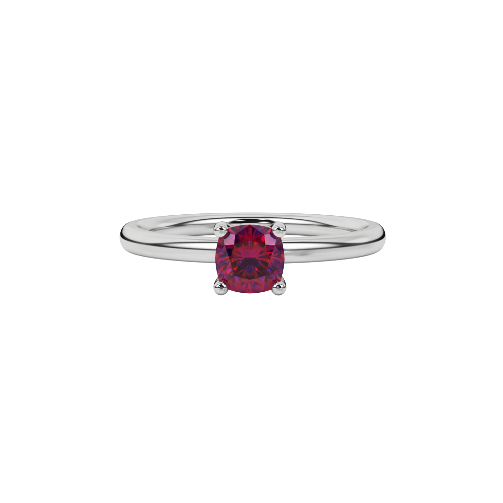 Red cushion cut solitaire gemstone ring in white gold four-prong setting