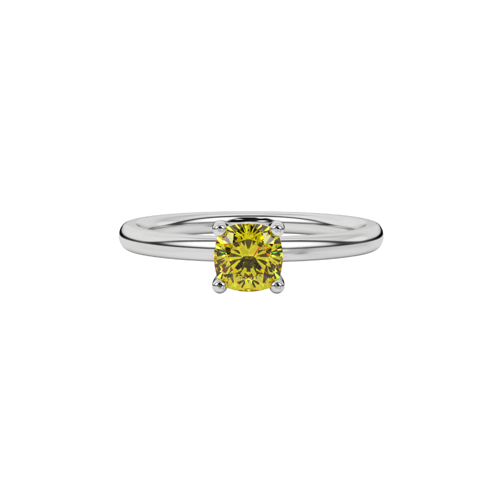 Yellow cushion cut solitaire gemstone ring in yellow gold four-prong setting