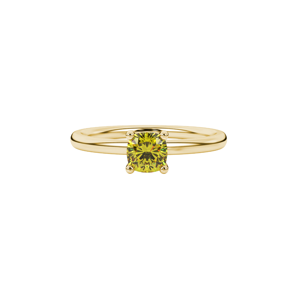 Yellow cushion cut solitaire gemstone ring in yellow gold four-prong setting