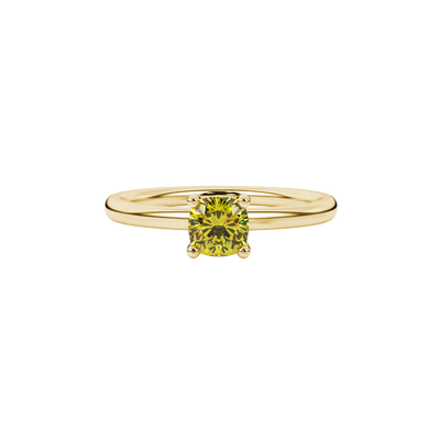 Yellow cushion cut solitaire gemstone ring in yellow gold four-prong setting