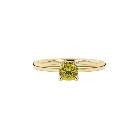 Yellow cushion cut solitaire gemstone ring in yellow gold four-prong setting