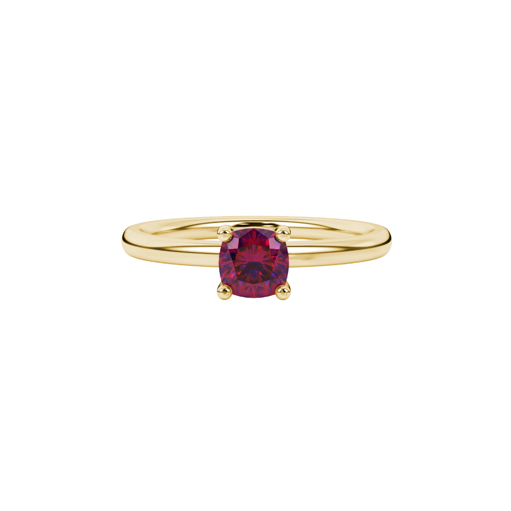 Red cushion cut solitaire gemstone ring in white gold four-prong setting