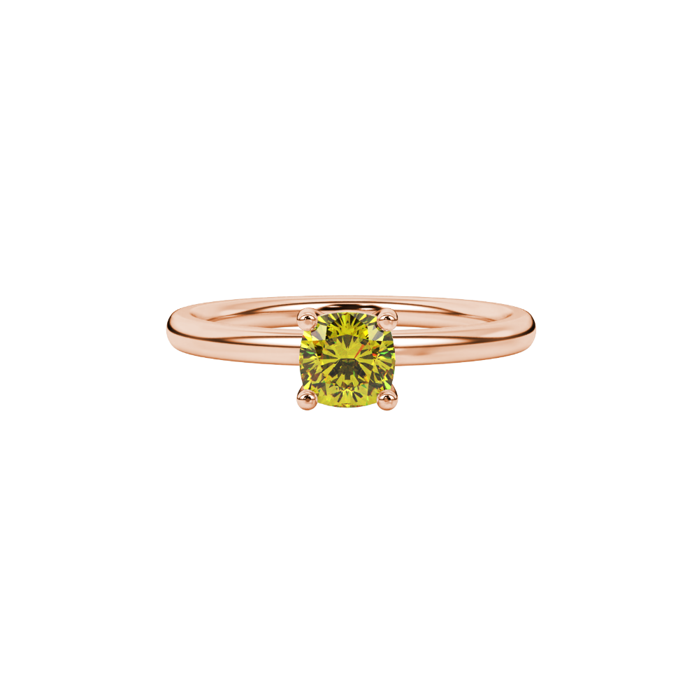 Yellow cushion cut solitaire gemstone ring in yellow gold four-prong setting