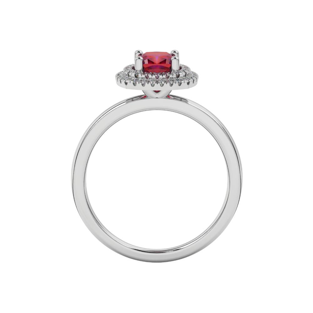 Red cushion cut gemstone double halo ring in rose gold