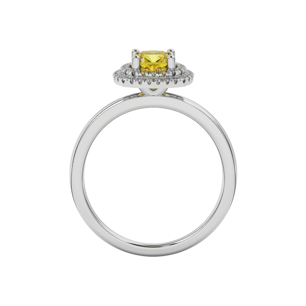 Yellow cushion cut gemstone double halo ring in rose gold