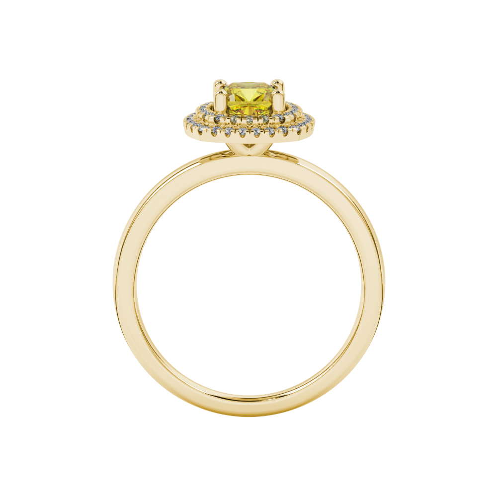 Yellow cushion cut gemstone double halo ring in rose gold