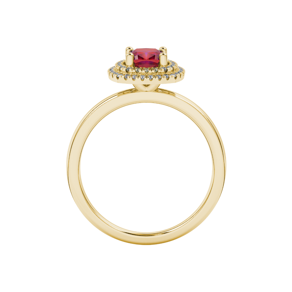 Red cushion cut gemstone double halo ring in rose gold