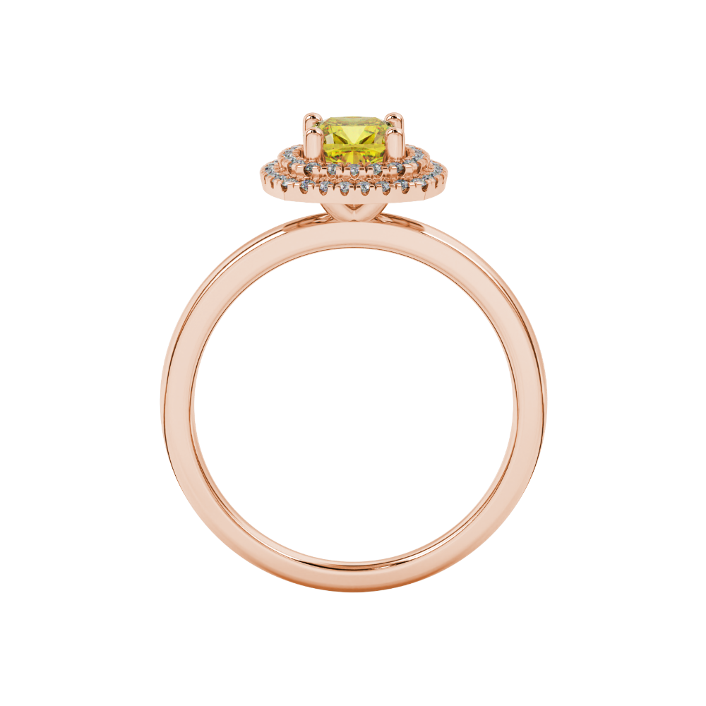Yellow cushion cut gemstone double halo ring in rose gold